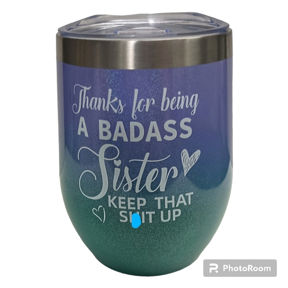 NWOT Glittery "Sister Love" Stemless Wine Glass Tumbler w/ Lid